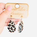 Leopard print acrylic teardrop earrings with glossy front, matte back, and lightweight design.