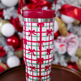 Plaid holiday tumbler with red bows, handle, and screw-on lid, 30oz size.