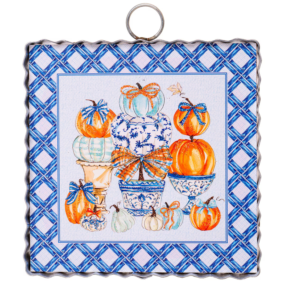Blue pumpkin topiary wall art with orange, white, and blue pumpkins in chinoiserie pots and bows.