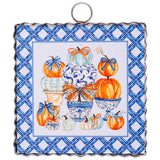 Blue pumpkin topiary wall art with orange, white, and blue pumpkins in chinoiserie pots and bows.