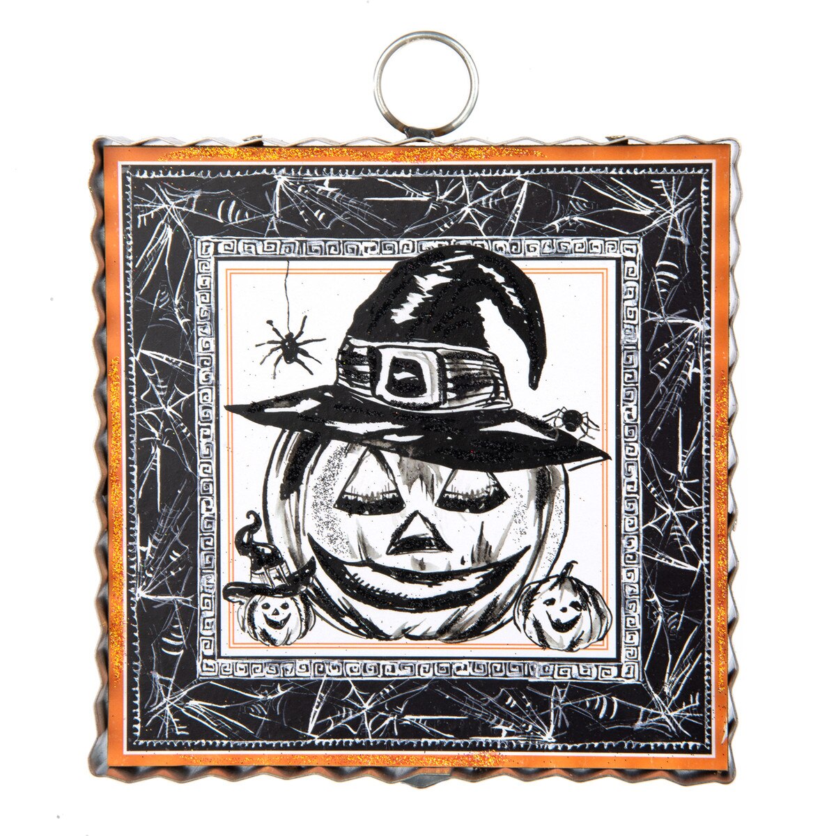 Smiling jack-o'-lantern in witch hat with pumpkins, spider, and spiderweb border with orange scalloped edge