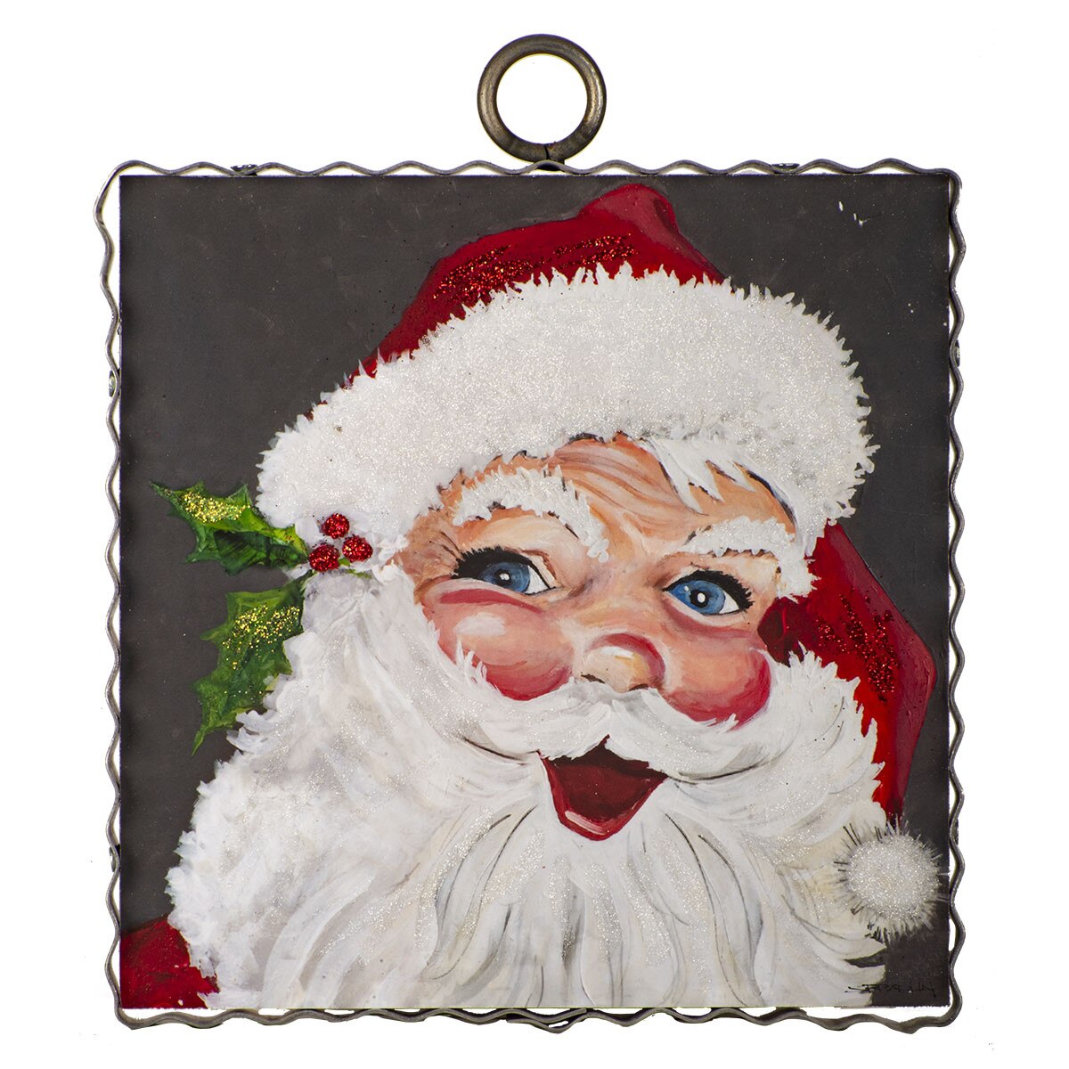 Jolly Santa with red hat and rosy cheeks on grey background, festive Mini Gallery holiday decor