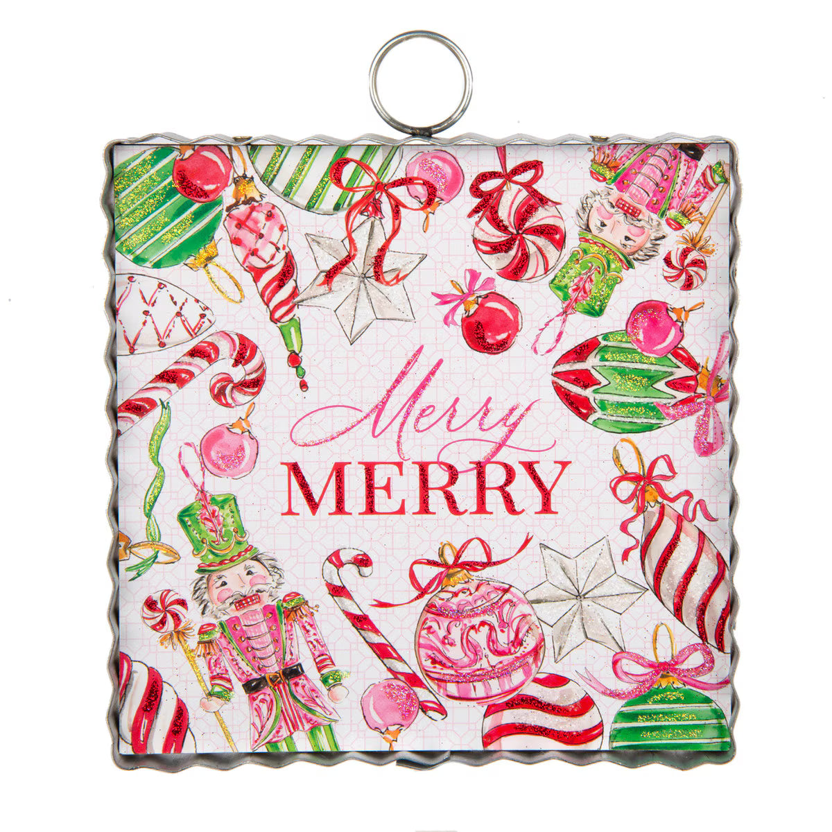 “Merry Merry” holiday decor with ornaments, candy canes, nutcrackers, scalloped edge, and festive colors