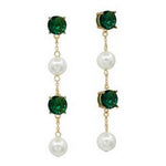 Gold drop earrings with emerald stones and pearl accents, 2-inch post-back design.