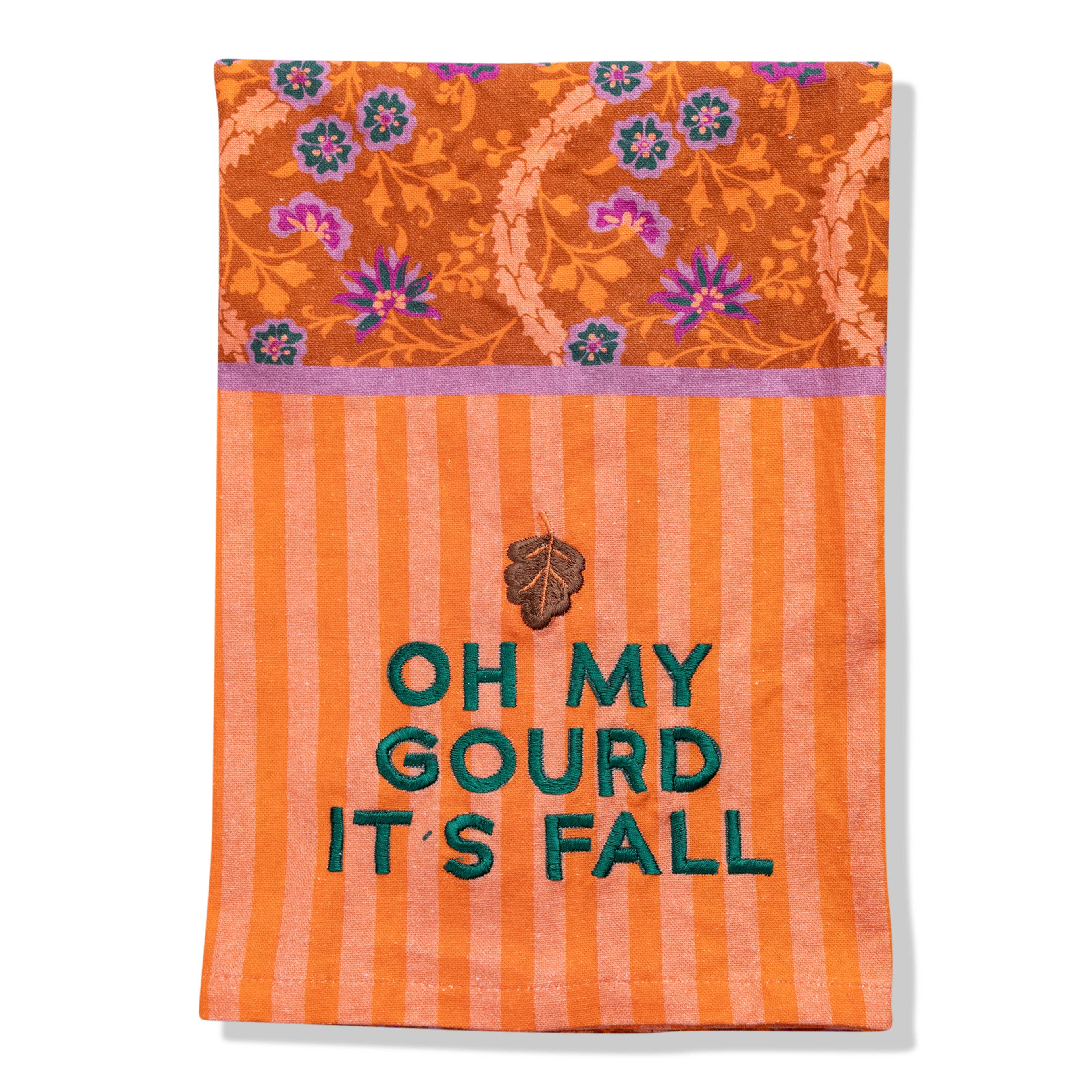 Oh My Gourd It’s Fall tea towel with pumpkin design for cozy autumn décor.