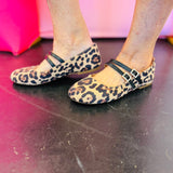 Own It Leopard Slippers, Mary Jane flats with leopard print, double black straps, and rhinestone buckle detail.