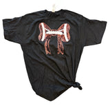 Black t-shirt with a sequin football and bow design on the front, laid flat to show sparkle and style.
