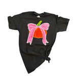 Black tee with sequin orange pumpkin graphic and bright pink sequin bow.