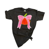 Black tee with sequin orange pumpkin graphic and bright pink sequin bow.