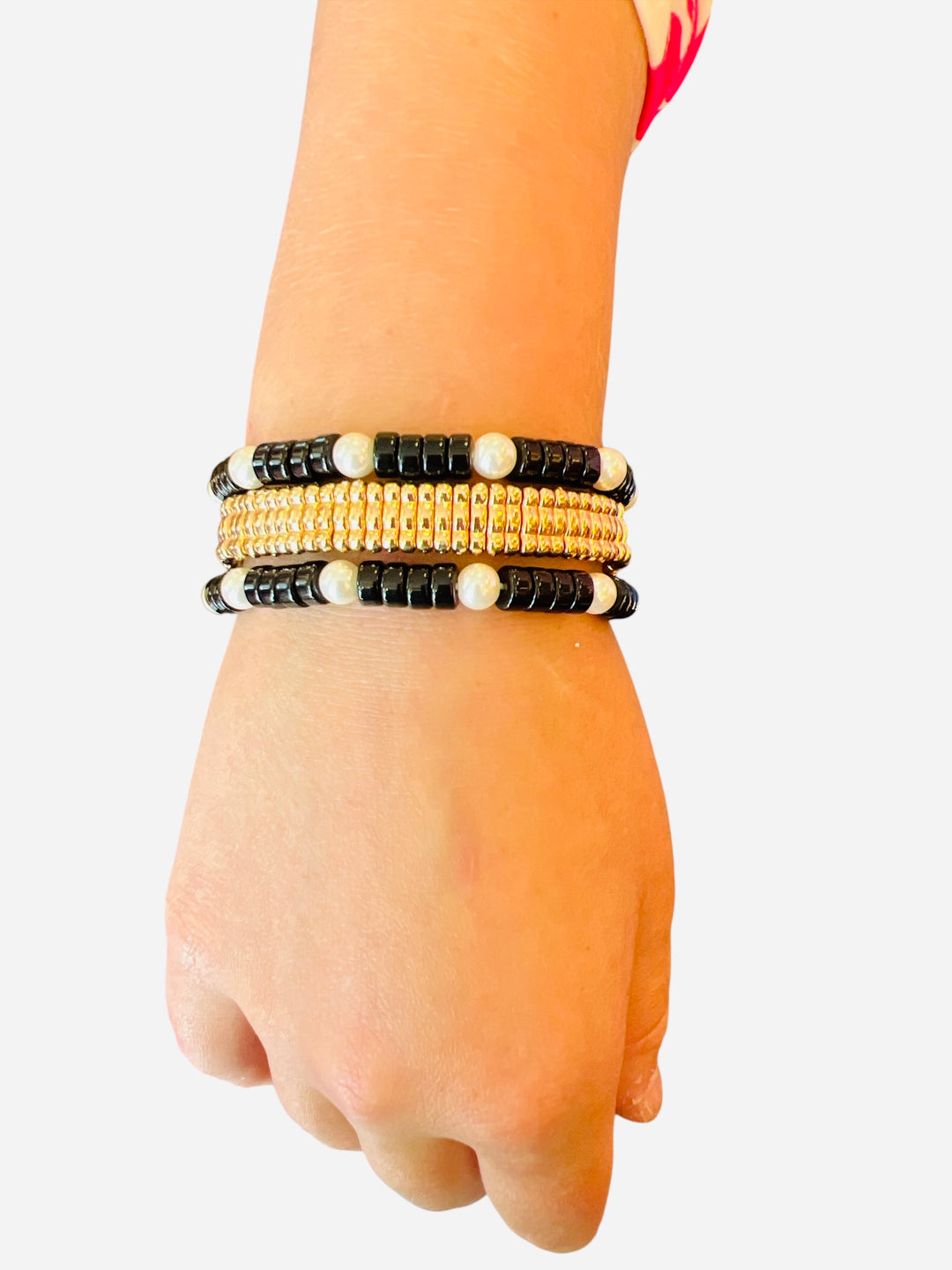 Black & Pearl Bracelet Set (Water Resistant)