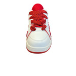 Red and white sneakers with a dynamic wave design, thick platform sole, and zigzag laces — bold, sporty, and eye-catching.