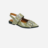 Olive pointed-toe flats with bold silver double buckle straps and a slingback backstrap, combining vibrant color with edgy charm.