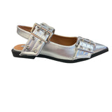 Silver pointed-toe flats with bold silver double buckle straps and a slingback backstrap, combining vibrant color with edgy charm.