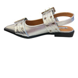 Silver pointed-toe flats with bold silver double buckle straps and a slingback backstrap, combining vibrant color with edgy charm.