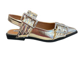 Gold pointed-toe flats with bold silver double buckle straps and a slingback backstrap, combining vibrant color with edgy charm.
