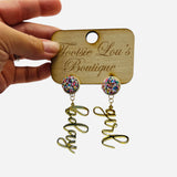 Festive Bday Girl dangle earrings with sparkly confetti stud and shiny gold script lettering.