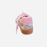 Brown and white sneakers with pink laces and a floral print design.