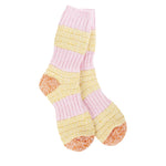 A pair of plush, ribbed-knit crew socks with a horizontal stripe pattern in pastel pink, yellow, and honey. The socks feature a solid-colored, contrasting heel and toe.