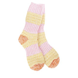 A pair of plush, ribbed-knit crew socks with a horizontal stripe pattern in pastel pink, yellow, and honey. The socks feature a solid-colored, contrasting heel and toe.