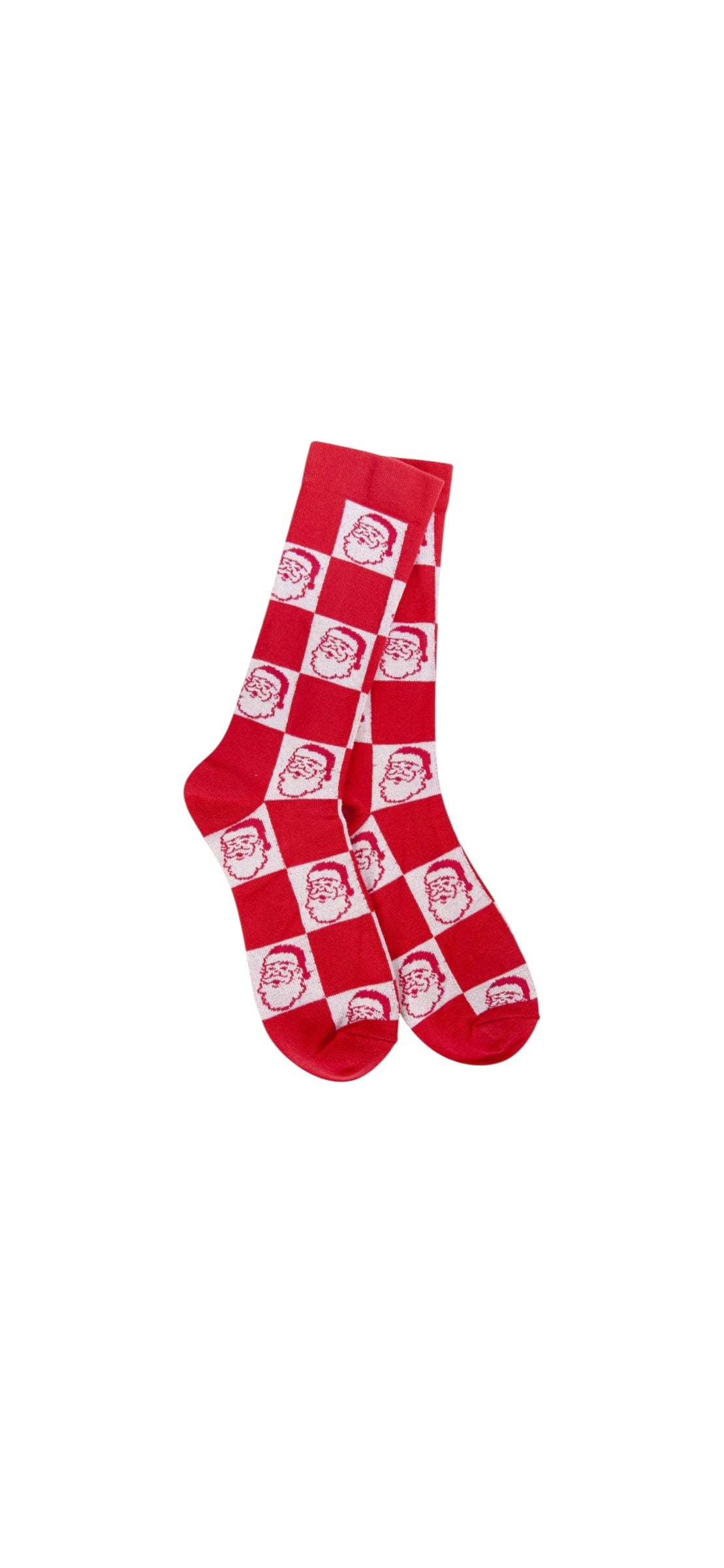 A pair of plush, soft crew socks with a red and white checkerboard pattern. Inside the white squares, there is a repeating pattern of Santa Claus faces.