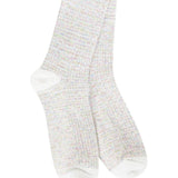 A pair of plush, ribbed crew socks with a multi-color speckled pattern. The socks feature a solid white heel, toe, and a single white stripe at the top cuff.