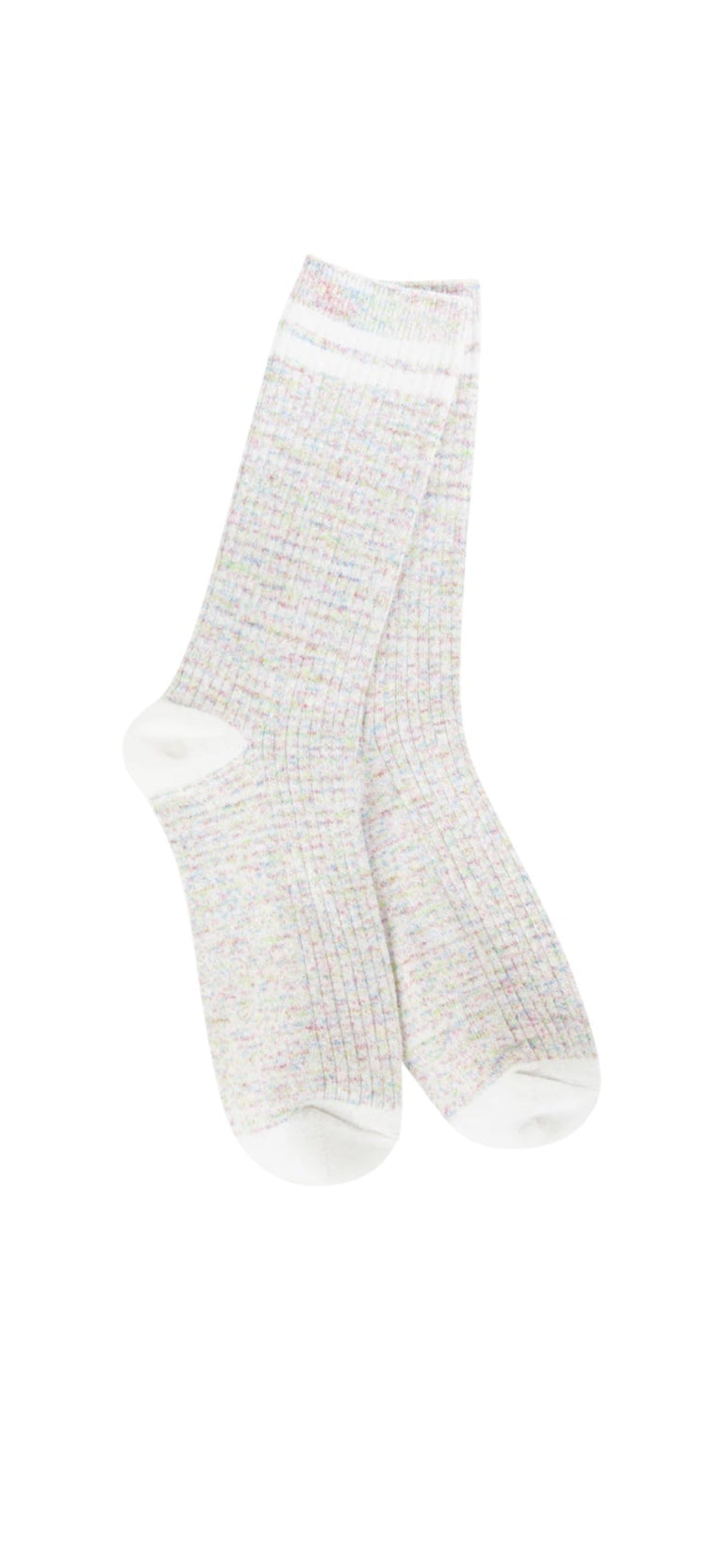 A pair of plush, ribbed crew socks with a multi-color speckled pattern. The socks feature a solid white heel, toe, and a single white stripe at the top cuff.