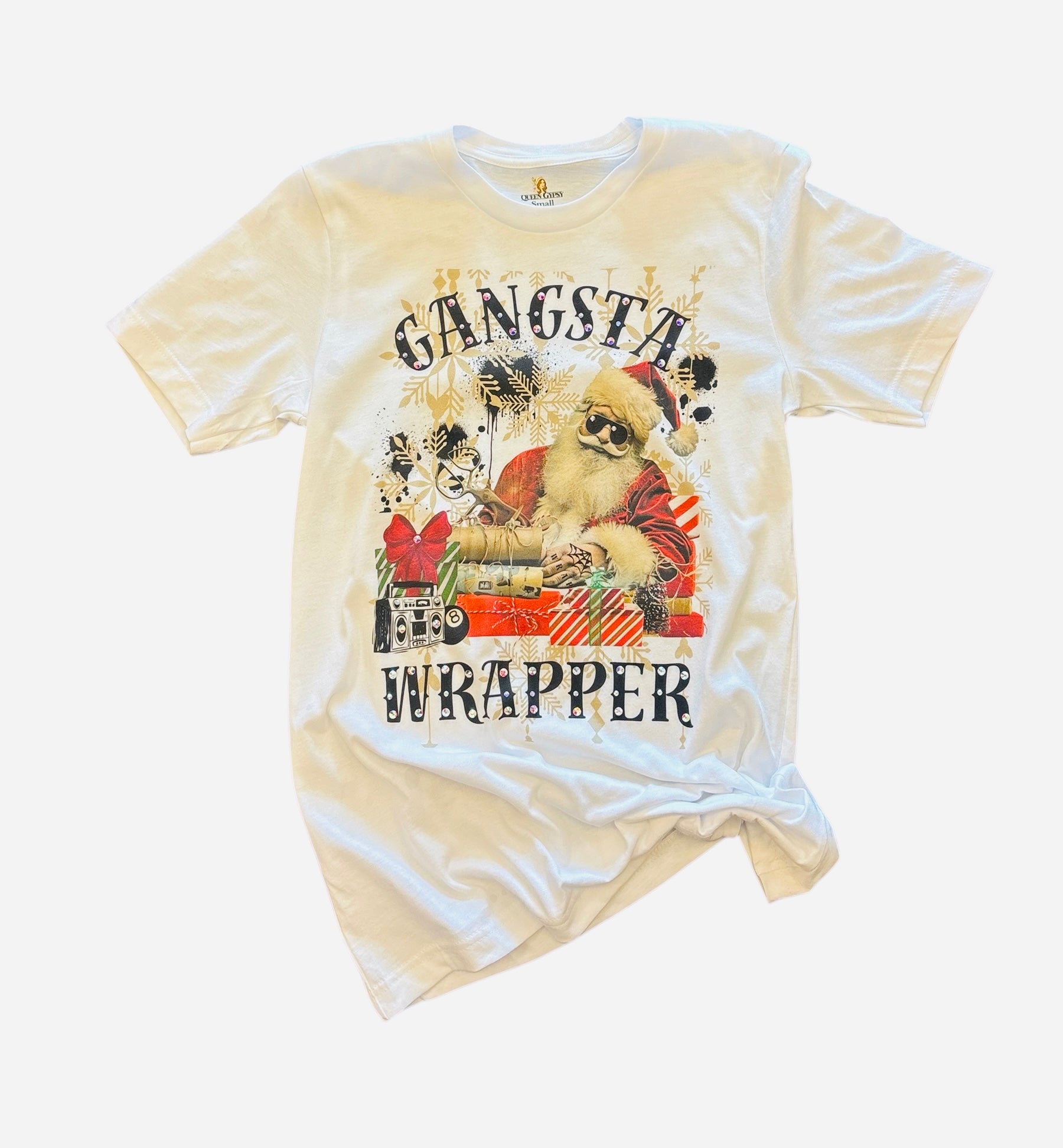 Graphic tee with Santa in shades, presents, boombox, and "Gangsta Wrapper" text.