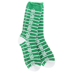 A pair of plush, green crew socks designed to look like a football field with white yard line markings.