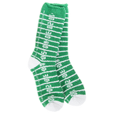 A pair of plush, green crew socks designed to look like a football field with white yard line markings.