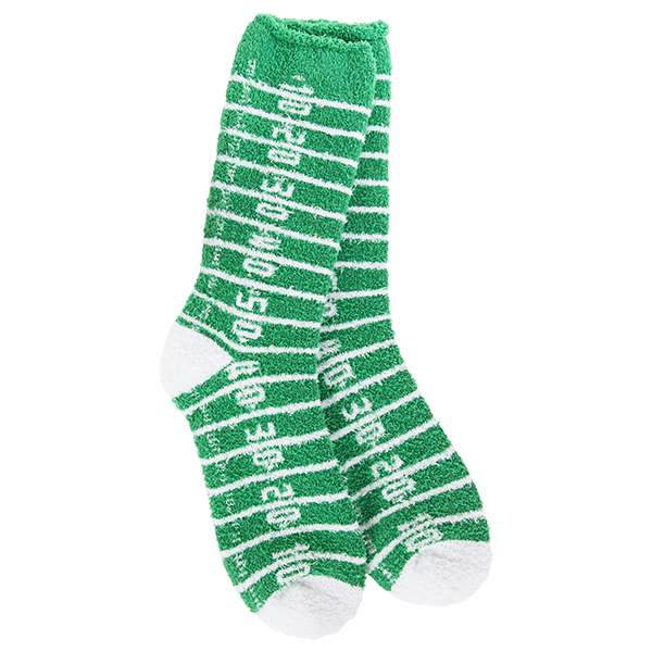 A pair of plush, green crew socks designed to look like a football field with white yard line markings.