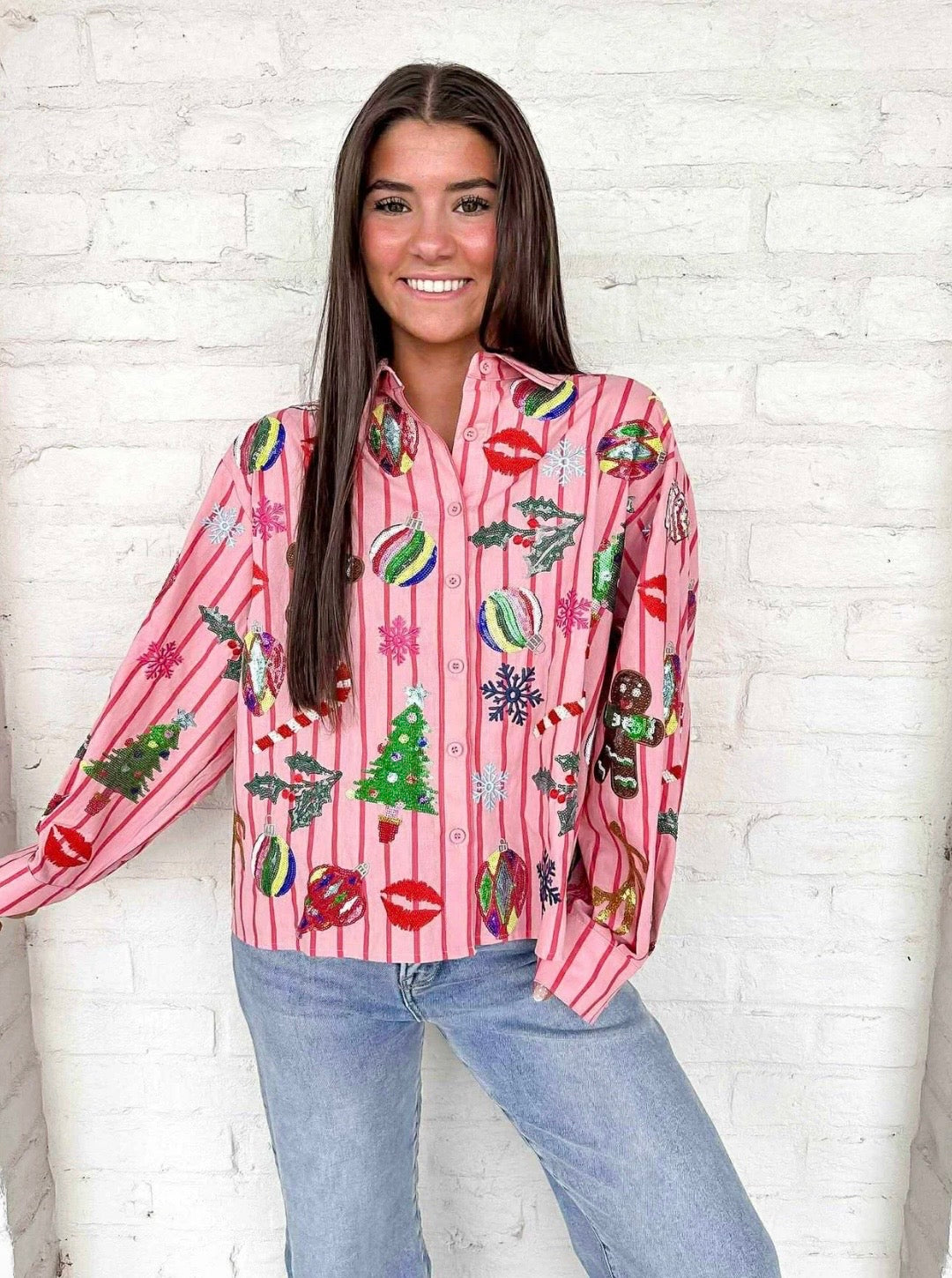 Pink and red striped top with sequin Christmas icons—trees, ornaments, candy canes, and snowflakes.