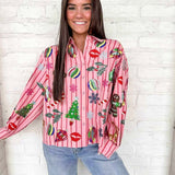 Pink and red striped top with sequin Christmas icons—trees, ornaments, candy canes, and snowflakes.