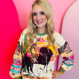 Queen of Sparkles Sequin Santa on horseback sweatshirt with desert sunset and Southwestern accents