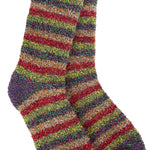 A pair of plush crew socks with a bold horizontal stripe pattern in red, purple, green, and yellow.