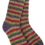 A pair of plush crew socks with a bold horizontal stripe pattern in red, purple, green, and yellow.