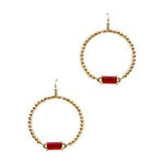 Gold beaded dangle earrings with rectangular ruby-red stone, 2-inch length.