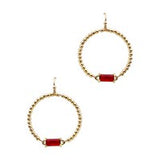 Gold beaded dangle earrings with rectangular ruby-red stone, 2-inch length.