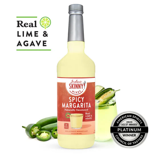 Skinny Mixes Spicy Margarita Mix with lime, agave, and jalapeño for a bold, low-sugar cocktail.