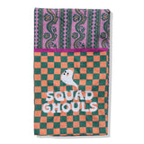 Squad Ghouls Halloween tea towel with spooky crew design for festive kitchen décor.