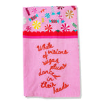 Pink Sugar Plums dish towel with candy-print trim in red, green, and gold. 100% cotton.