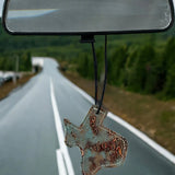 Texas-shaped hair-on-hide and leather car freshener charm, stitched design