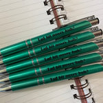 Green pen with black graphics