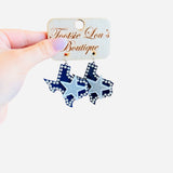 Texas-shaped navy earrings with rhinestones and silver glitter star, perfect for Cowboys fans.