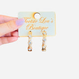 Textured gold hoop earrings with clear rhinestones, 1 3/4 inch size, sparkling and lightweight