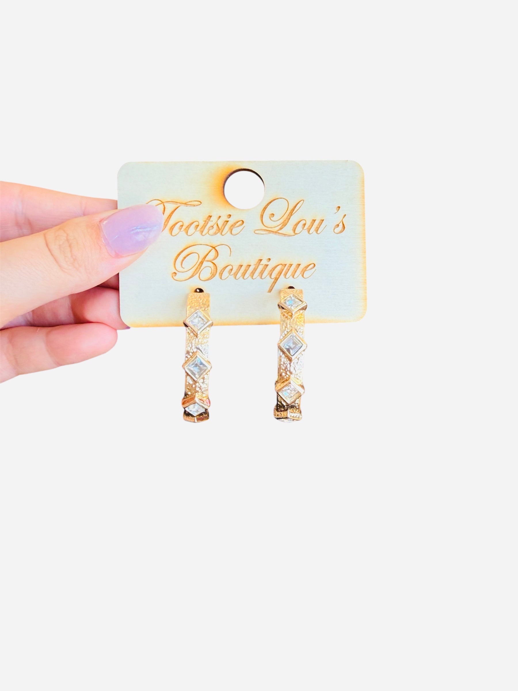 Textured gold hoop earrings with clear rhinestones, 1 3/4 inch size, sparkling and lightweight