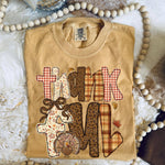 Butter yellow Thankful Turkey Tee with patchwork lettering, bow, and turkey accent in fall colors.