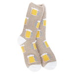 A pair of plush, soft beige crew socks with a repeating all-over pattern of frothy beer mugs. The socks feature solid white heels and toes.