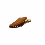 Camel-colored slide sandals with sleek silhouette and spikey stud embellishments along the edge