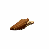 Camel-colored slide sandals with sleek silhouette and spikey stud embellishments along the edge