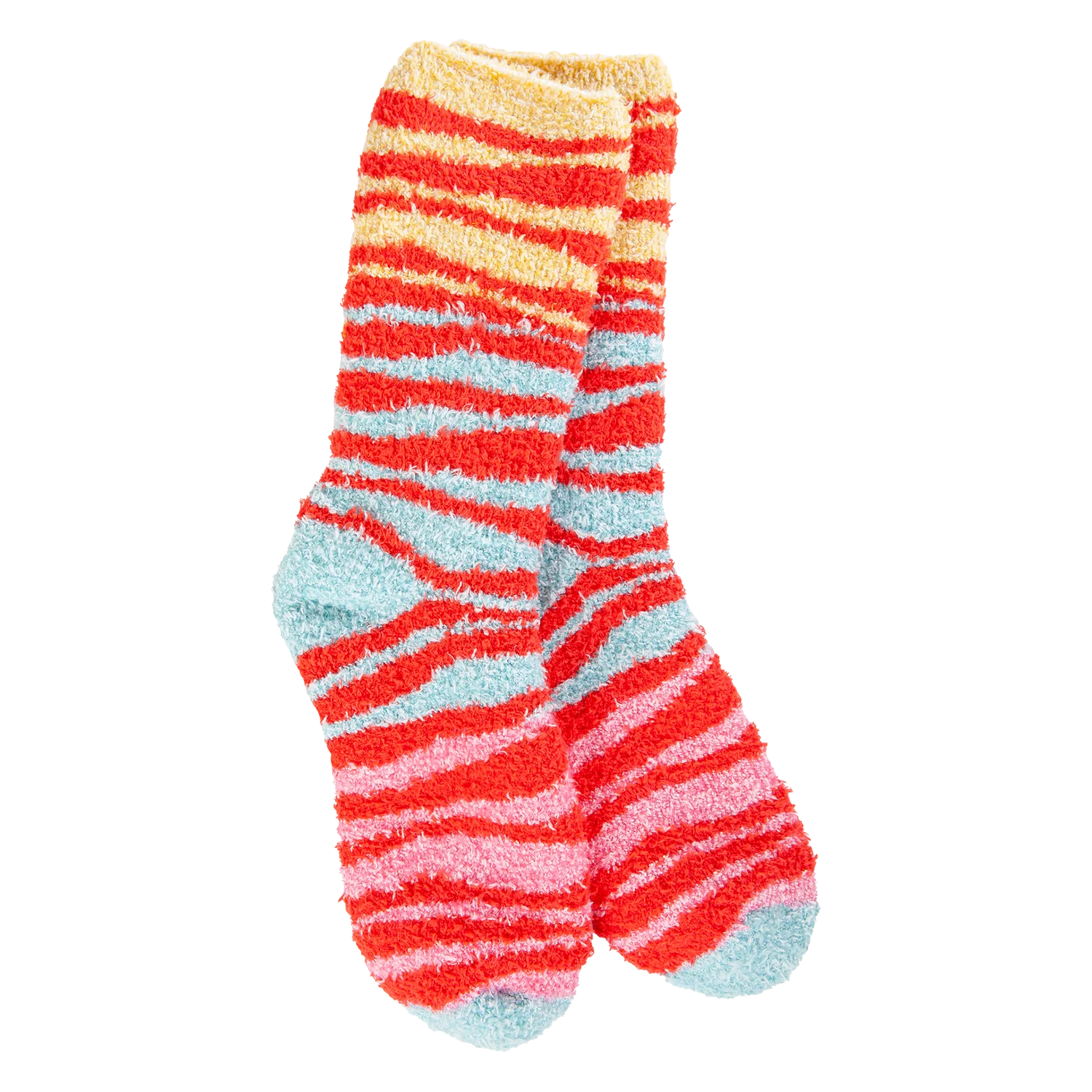 A pair of plush, soft crew socks featuring a zebra stripe pattern in bold shades of red, orange, and teal.